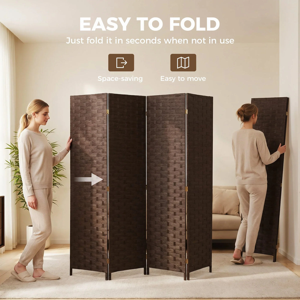 Four-panel folding privacy screen in dark brown, opened to create room separation