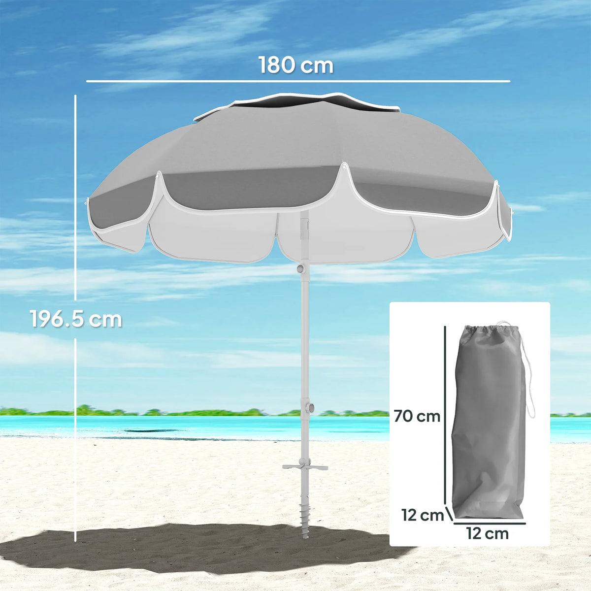 Grey beach umbrella with center pole and wide overhang canopy