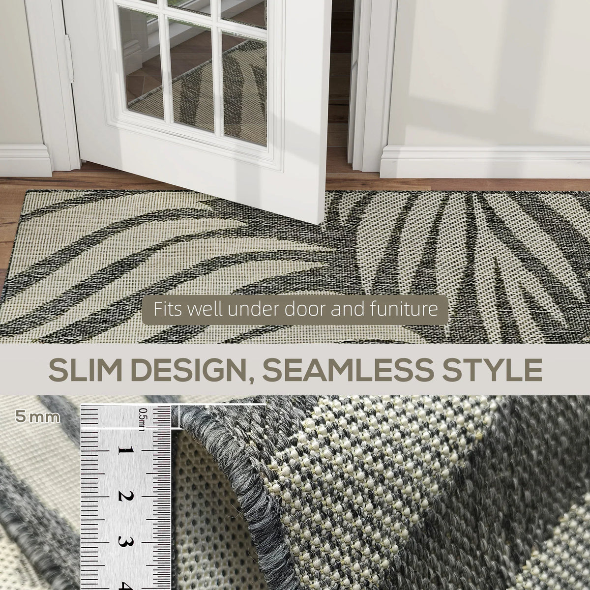 Grey leaf-pattern area rug with seamless-looking edge and flat woven texture.