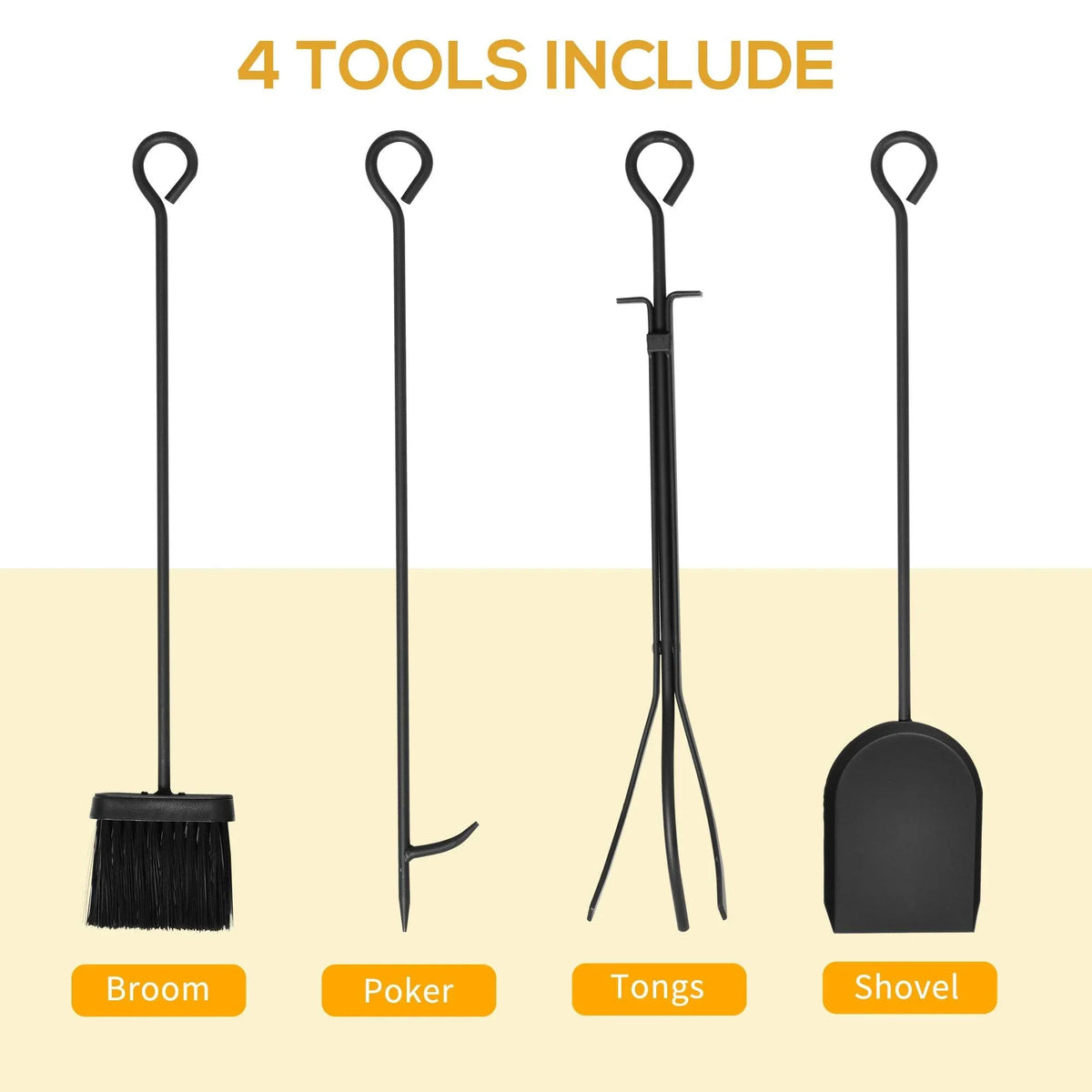 Fireplace tool set with 4 black tools: broom, poker, tongs, and shovel