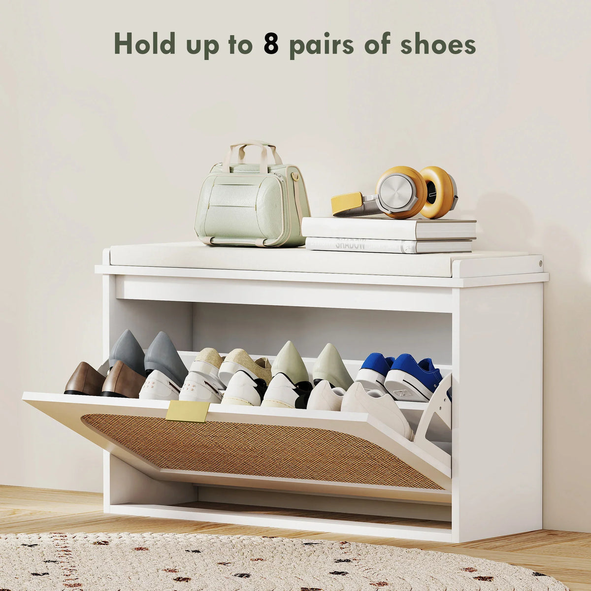 White shoe bench with open shoe storage for up to 8 pairs and tan rattan flip drawer