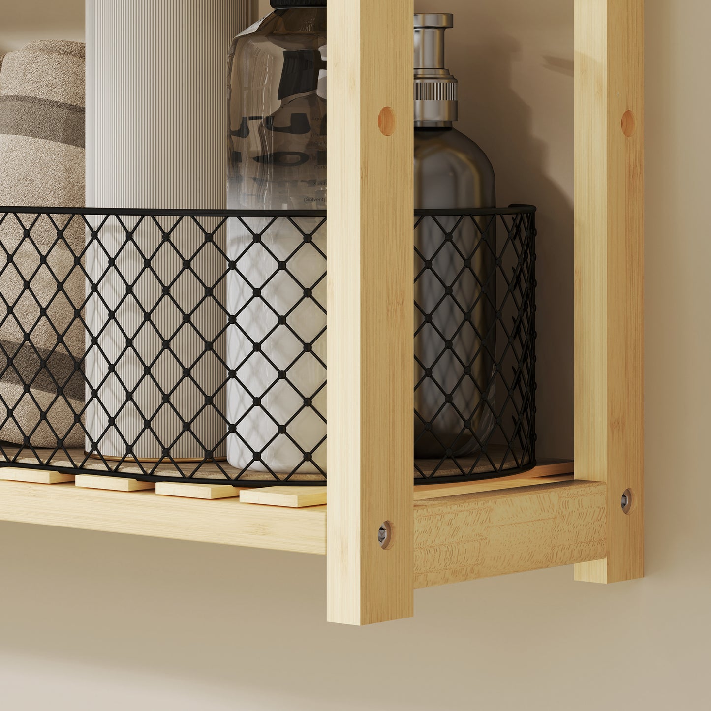 HOMCOM Three Tier Bamboo Bathroom Rack Natural Finish With Moisture Resistant Build And Five Position Shelves