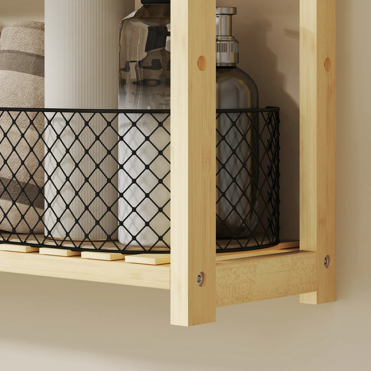 Bamboo open shelf rack with slatted bottom tier and side frame