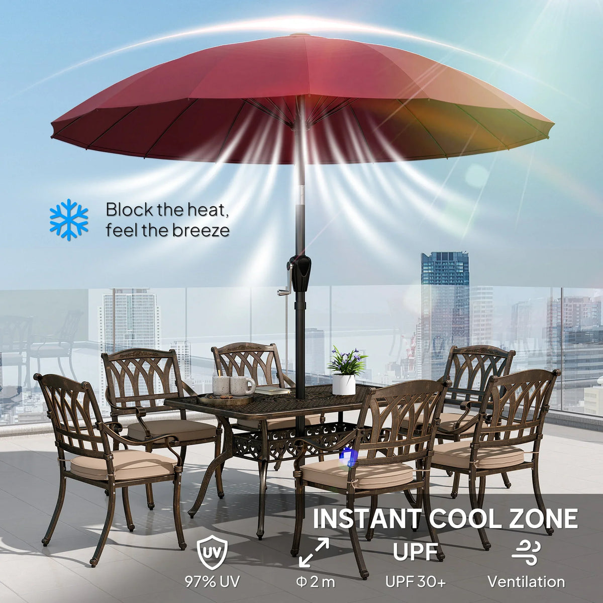 Wine red outdoor patio parasol umbrella with central tilt pole over seating area