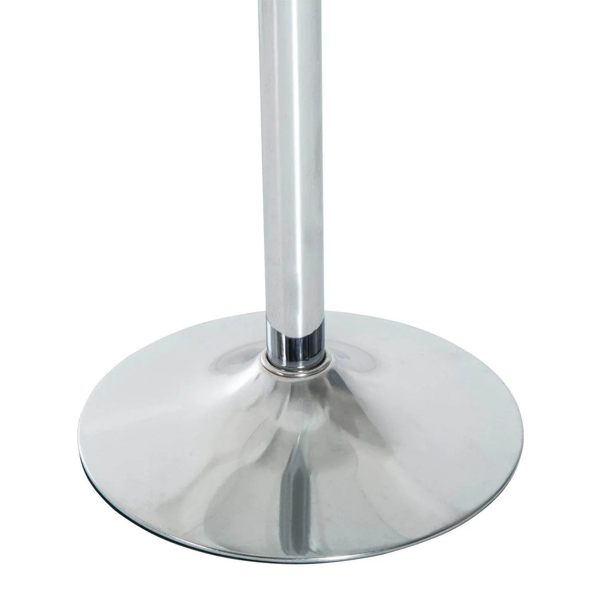 Polished steel pedestal base with round foot for a small round glass dining table.