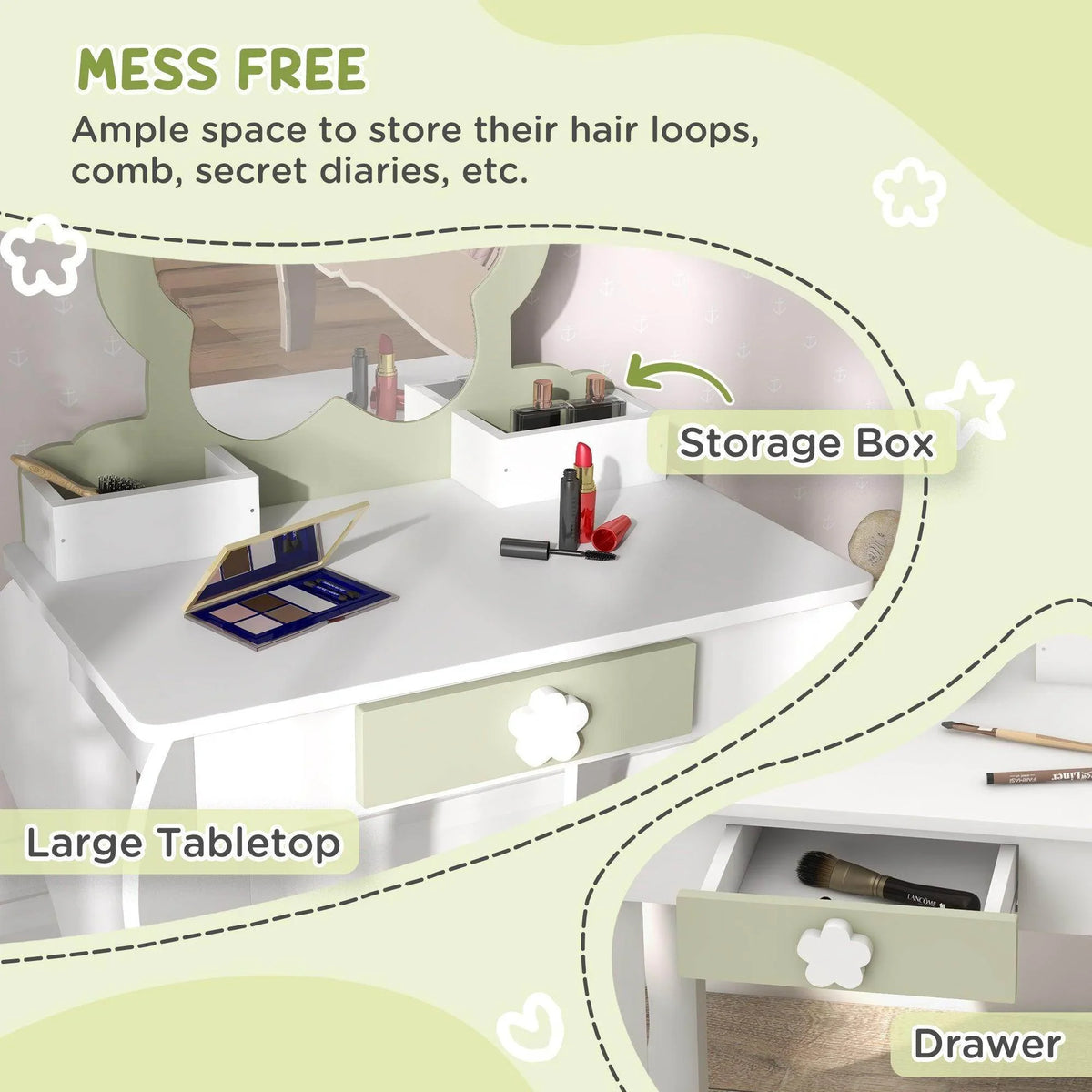 White kids vanity table with large tabletop, storage box, and front drawer