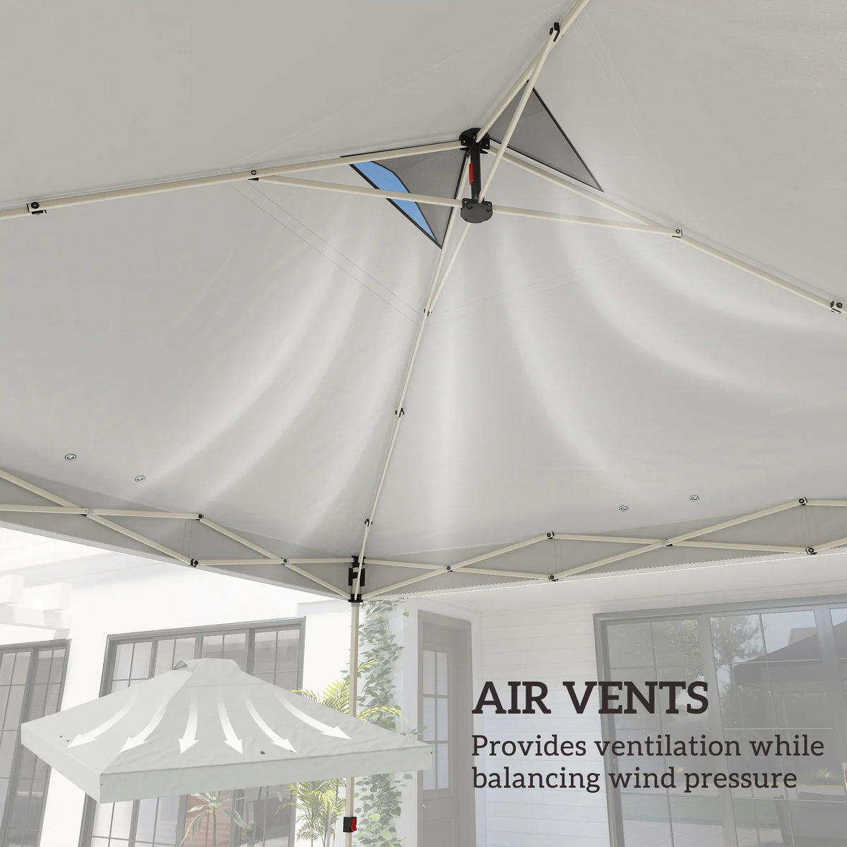 Underside of white gazebo roof cover with support seams and vent openings