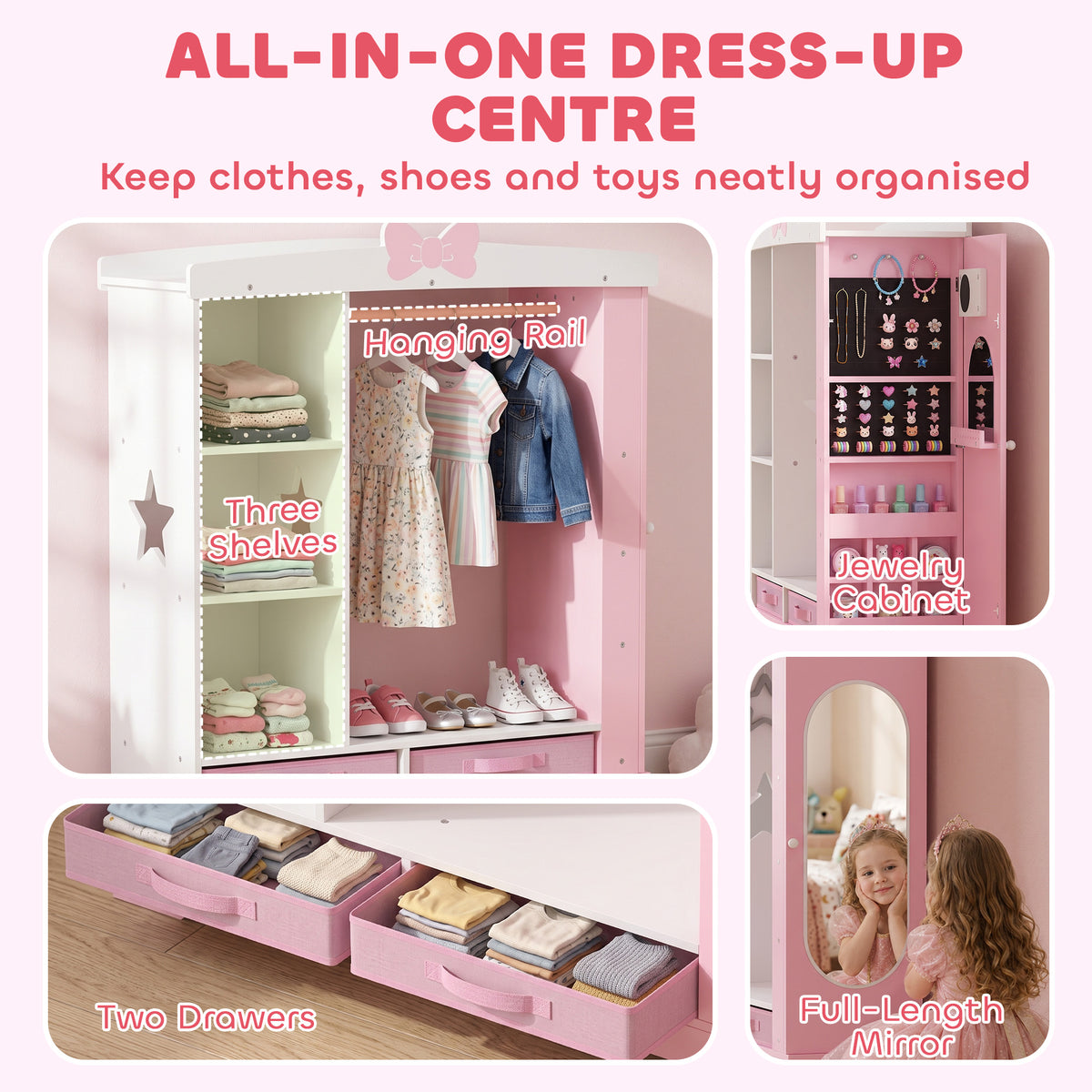 Kids dress-up wardrobe with hanging rail, three shelves, two drawers, and full-length mirror