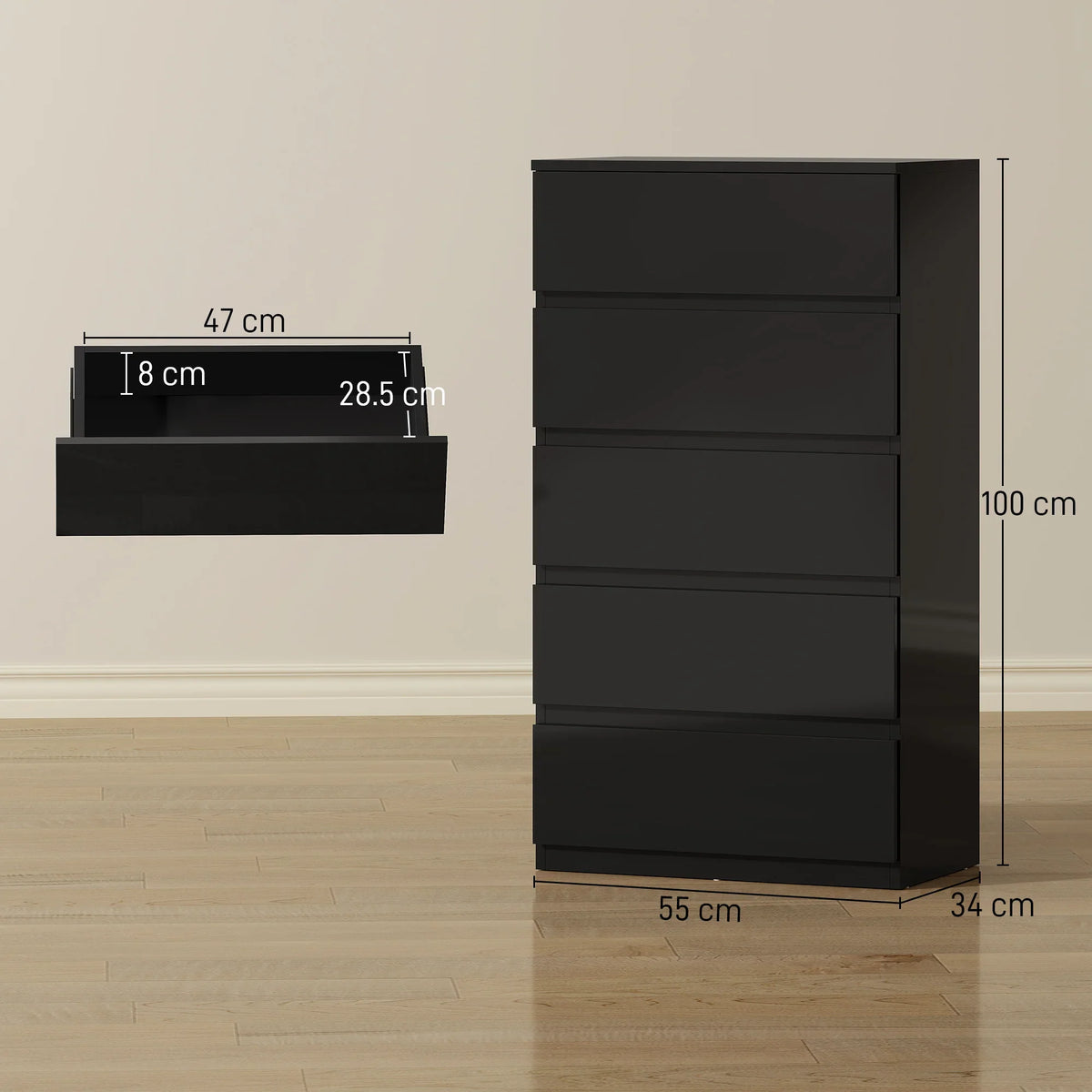 Five-drawer chest cabinet in black, side view showing overall height and width