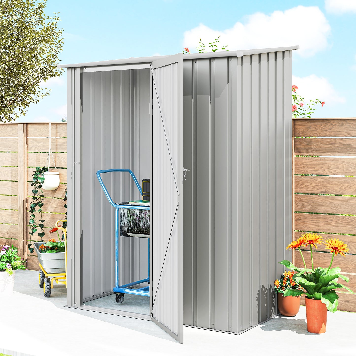 Outsunny 5ft by 3ft Garden Storage Shed Metal Outdoor Shed With Sloped Roof Aluminium Grey Weather Resistant