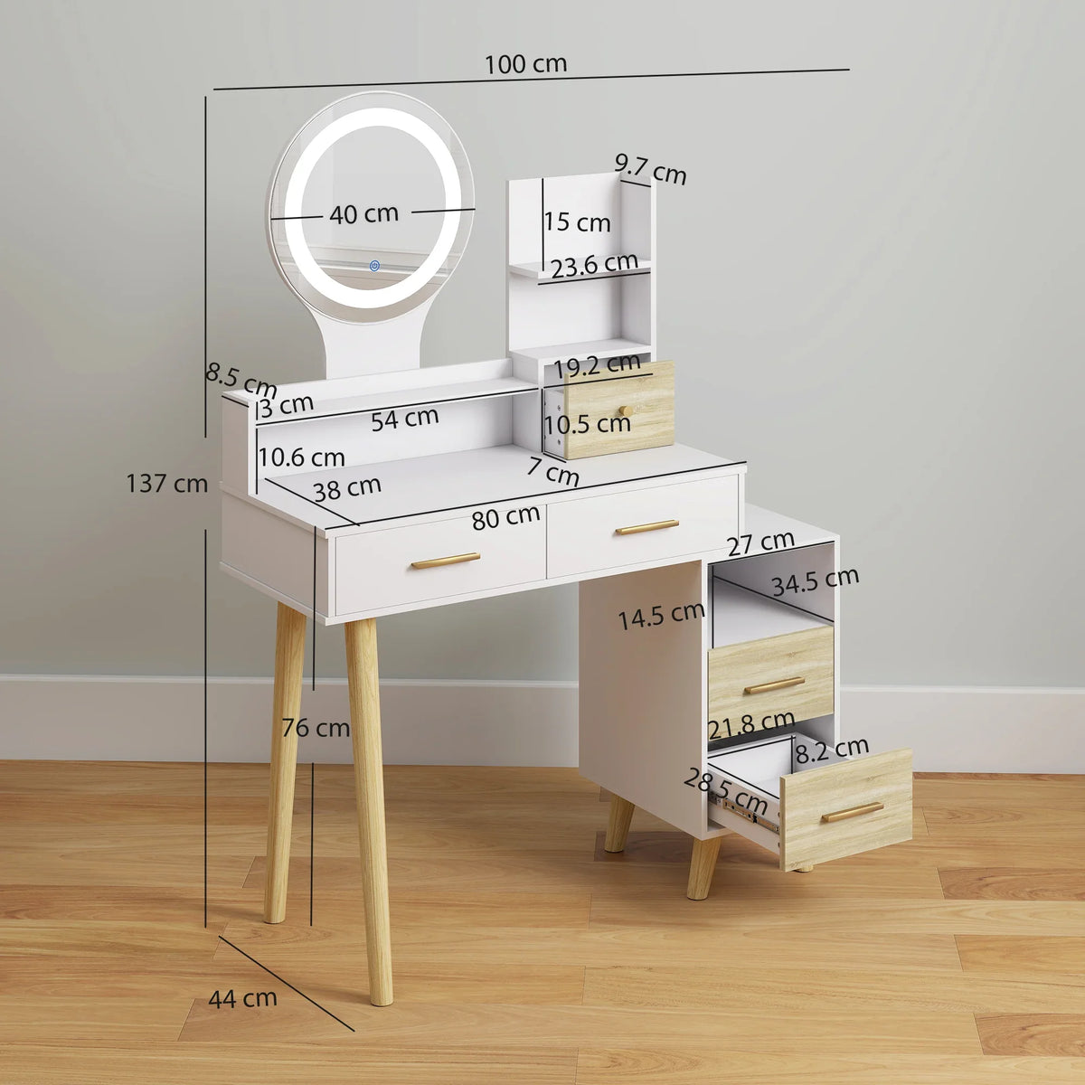 White vanity desk with round LED mirror and storage, shown with size diagram