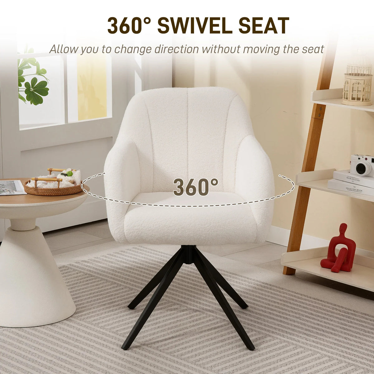 White teddy fleece 360° swivel accent chair with black tripod base