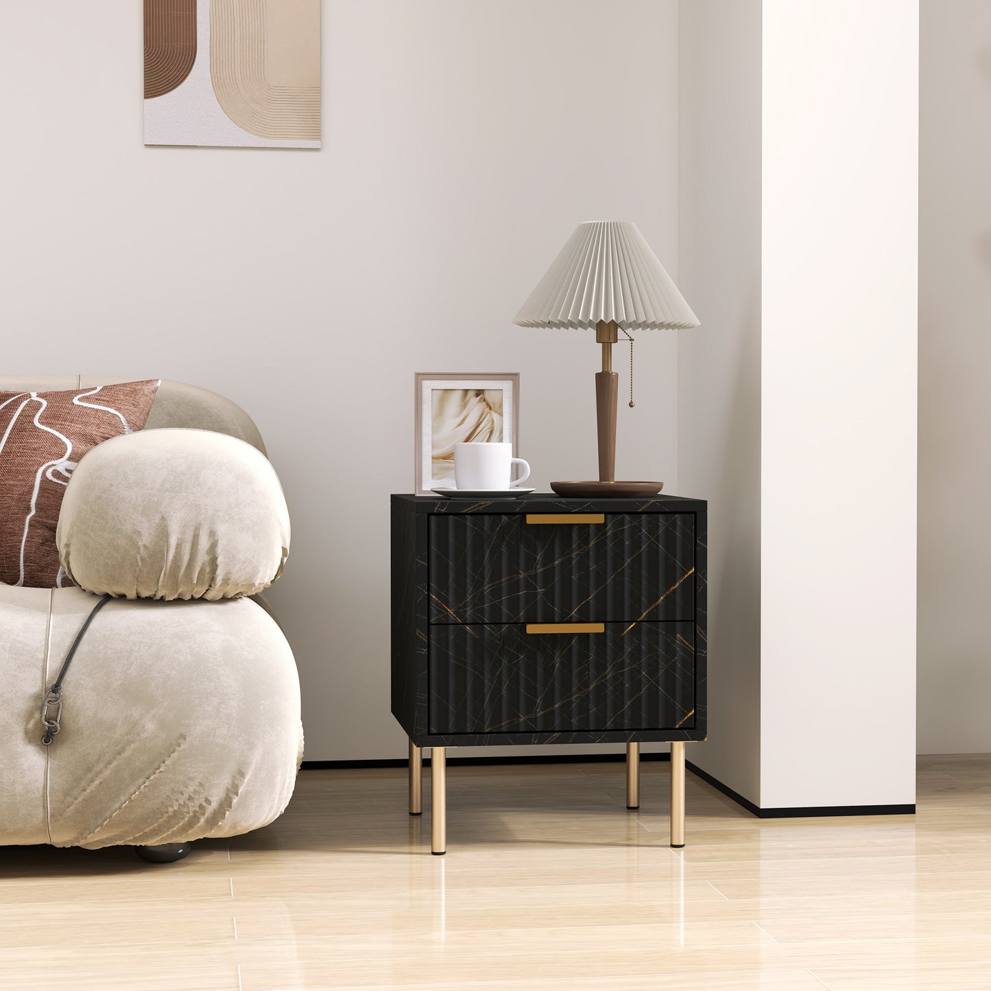 Homcom Elegant Two Drawer Bedside Table Black Marble Pattern With Fluted Drawers And Gold Accents