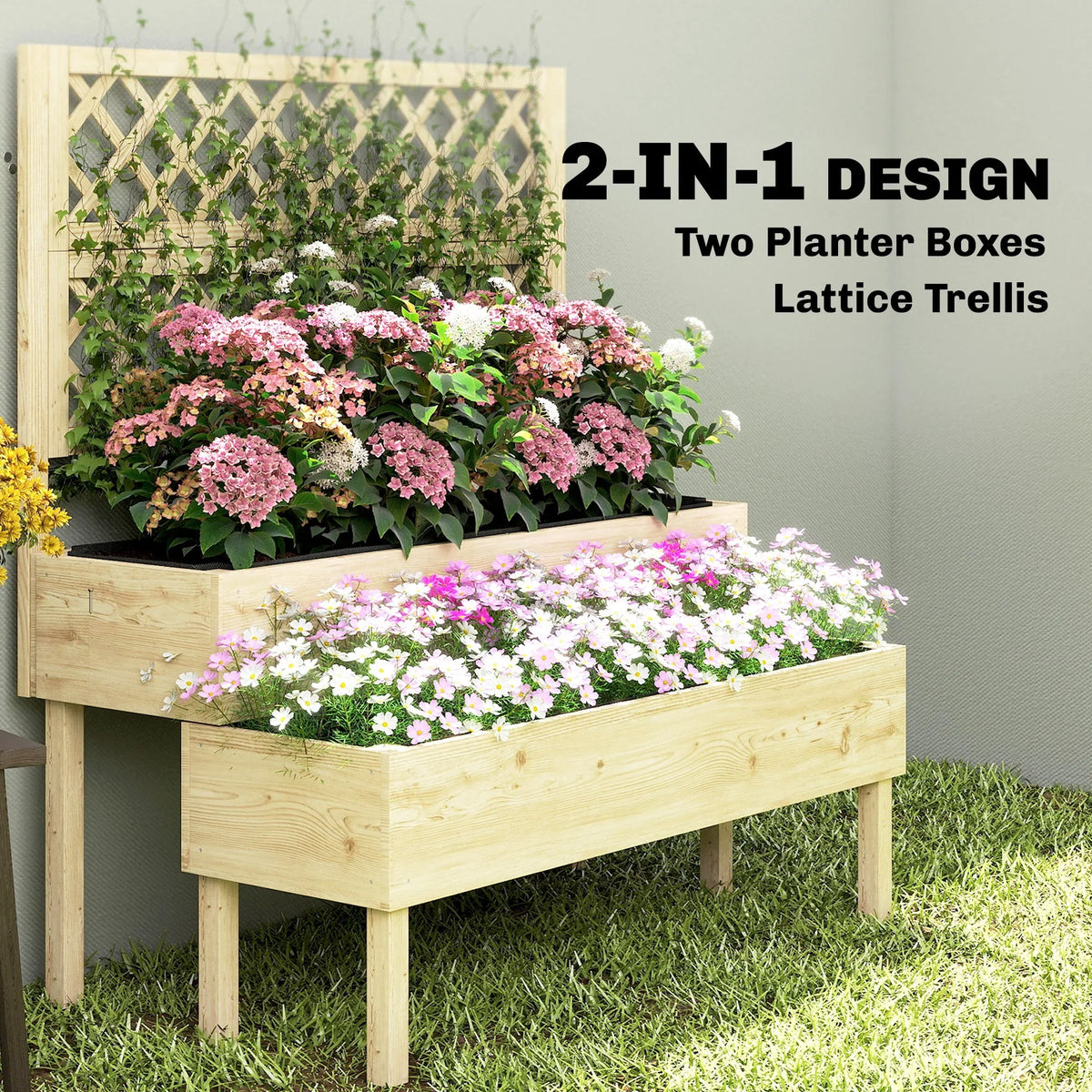 Two-tier stepped planter boxes with lattice trellis, filled with flowering plants