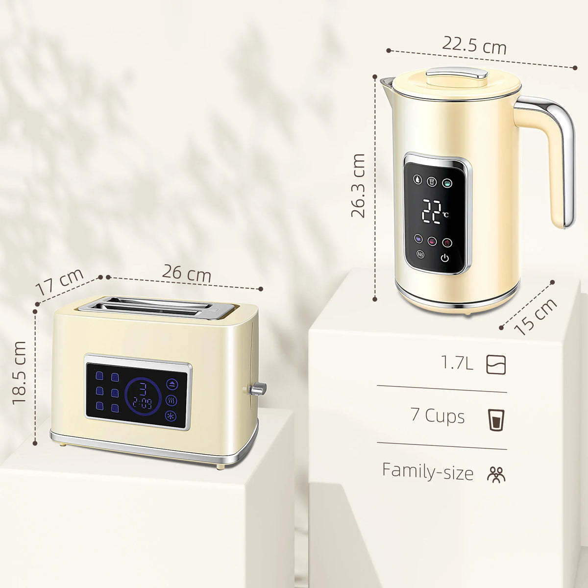 Cream countertop toaster and kettle set with measurements shown on product box
