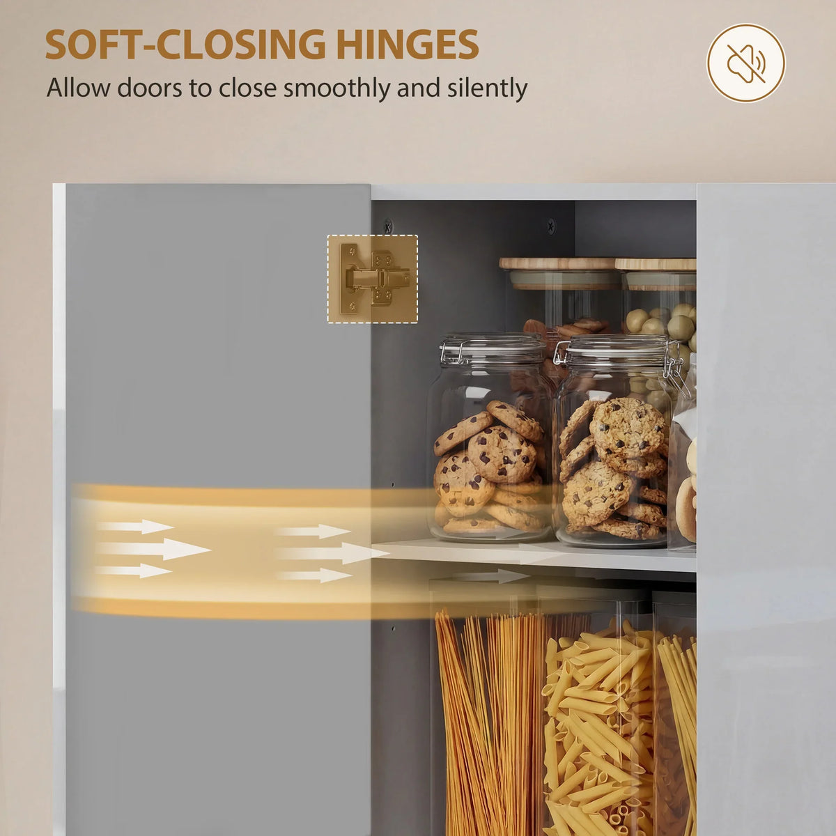 High-gloss grey pantry cabinet with soft-closing door hinges and organized shelves