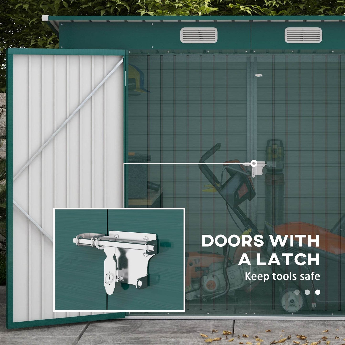 Garden shed double doors with secure latch hardware and tool-safe door design