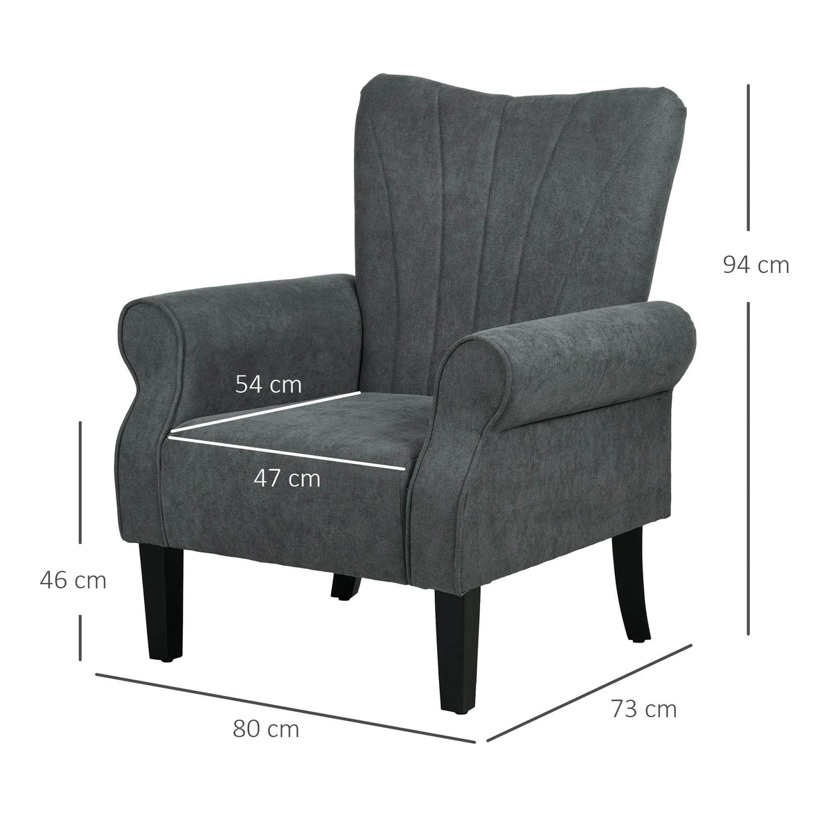 Grey upholstered accent armchair, high back with rolled arms and dark legs