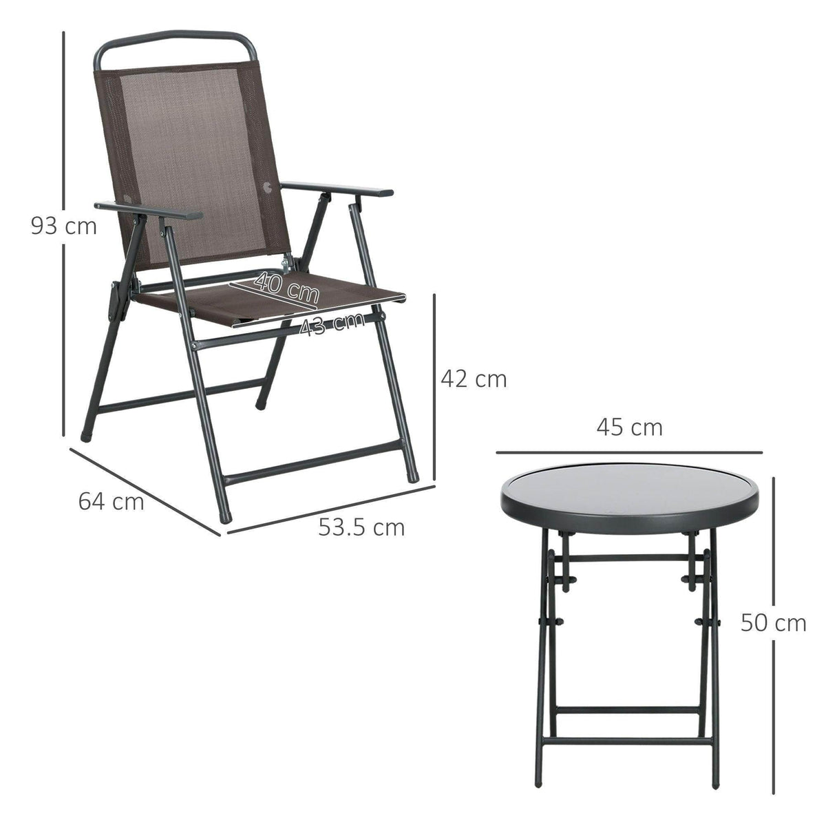 Folding mesh armchair with armrests and a round bistro table, shown with dimensions