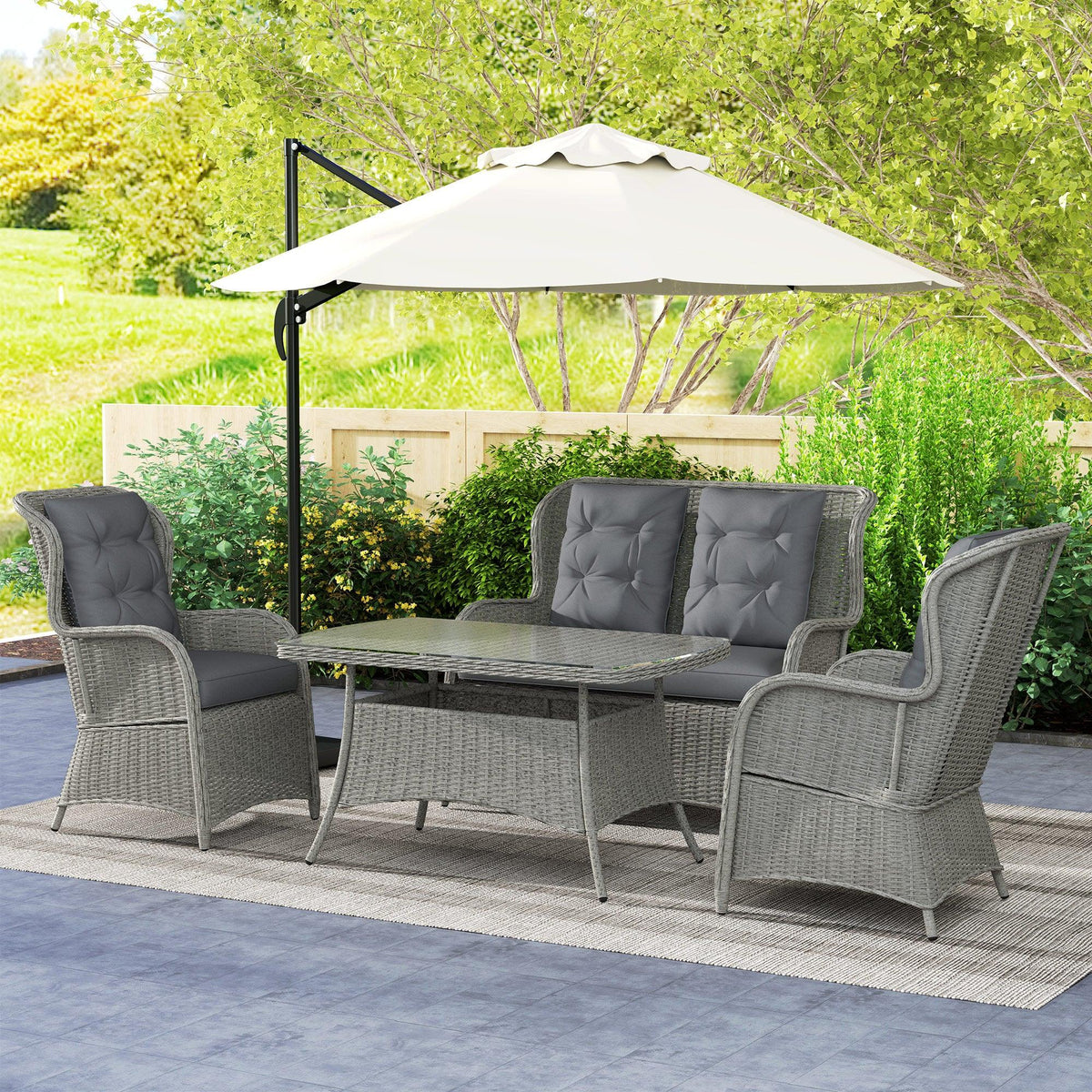 Light gray 4-seat rattan garden sofa set with cushioned high-back chairs and glass table