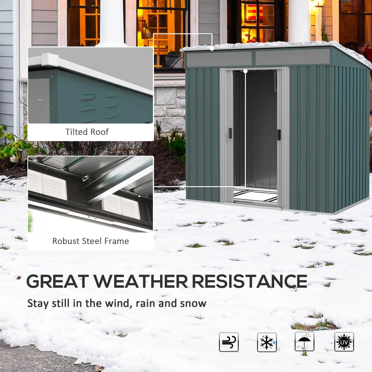 Green metal garden shed with double sliding doors and weather-sealed roof panels