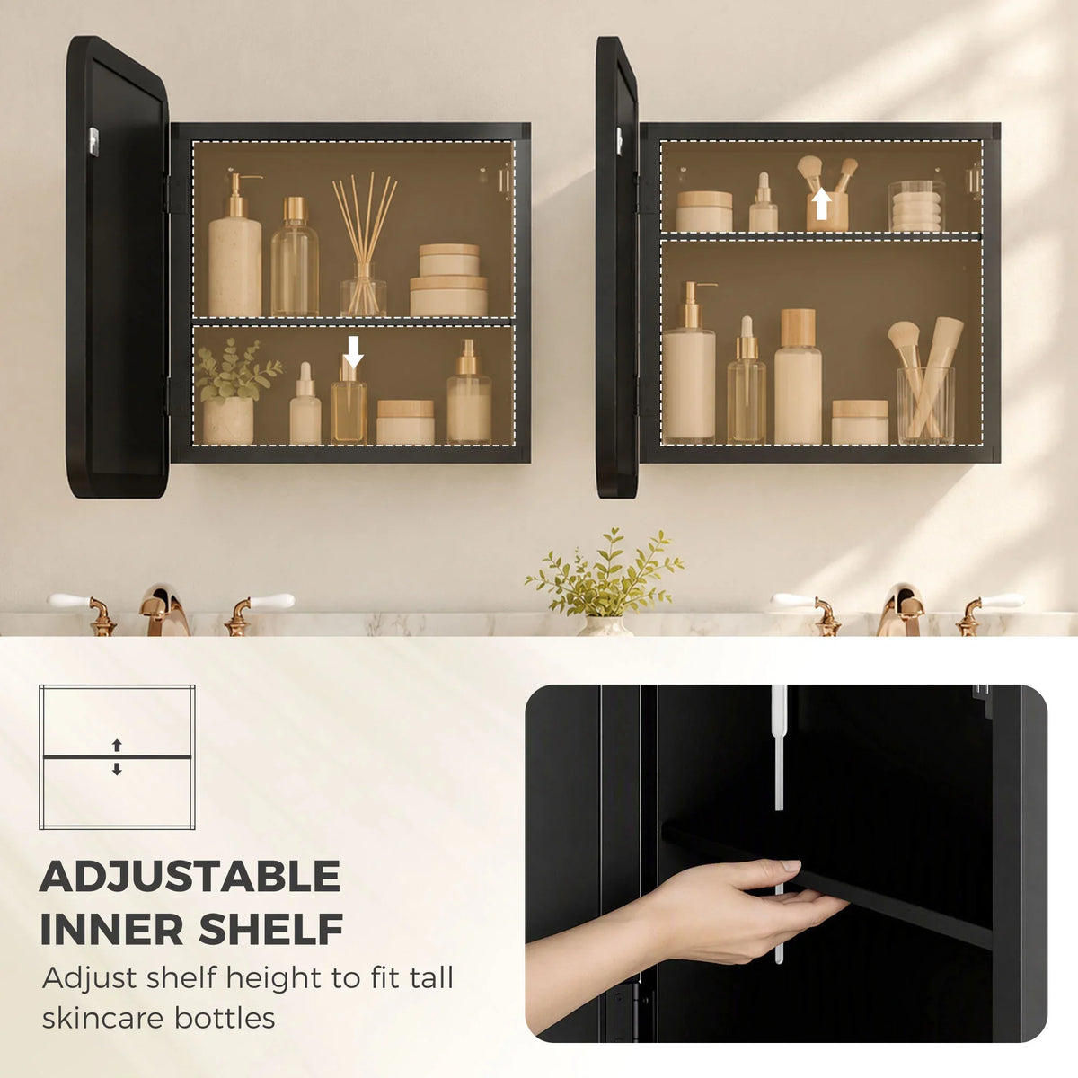 Bathroom medicine cabinet with open doors and adjustable inner shelf for bottles