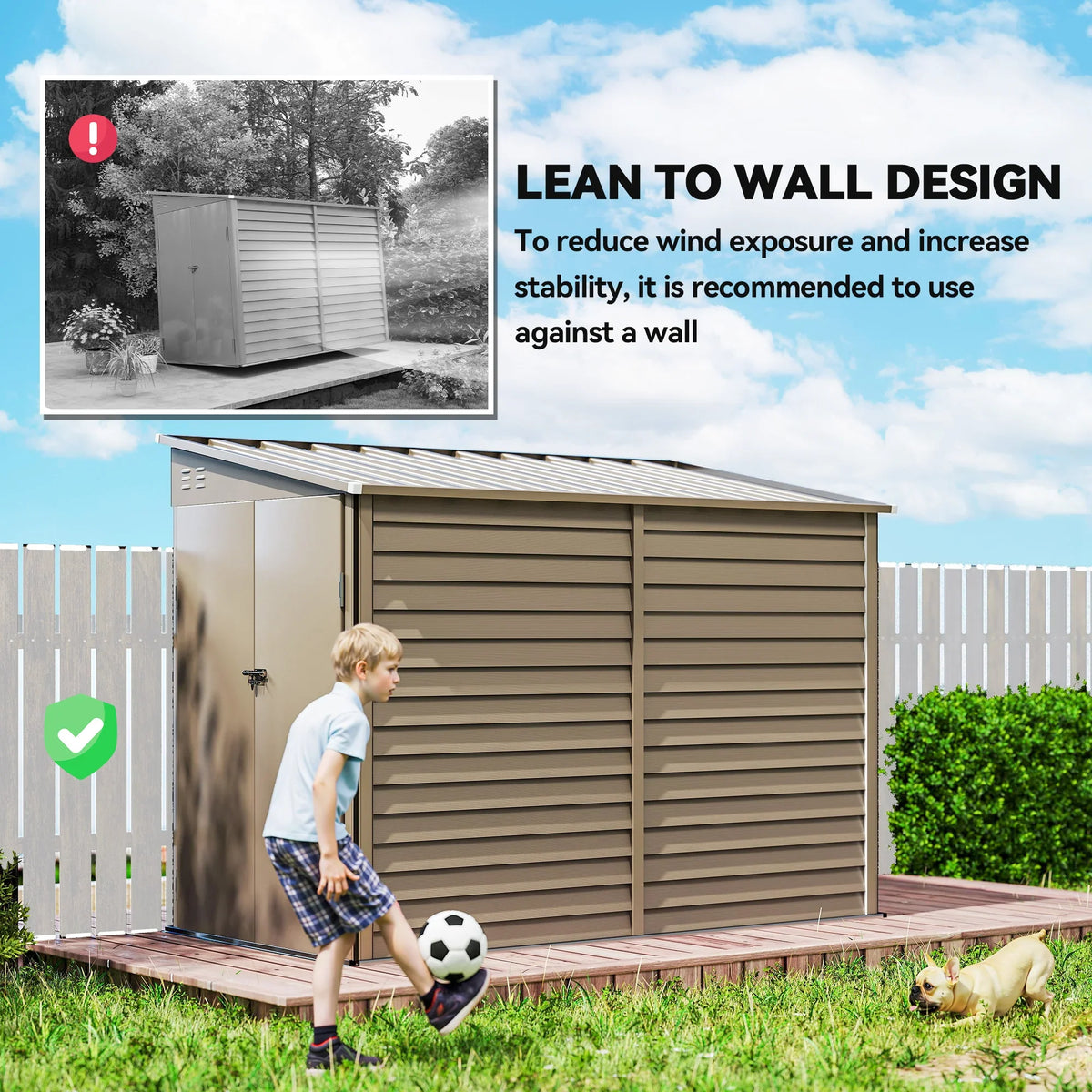Brown metal garden shed with side panel and sloped roof, designed for wall support