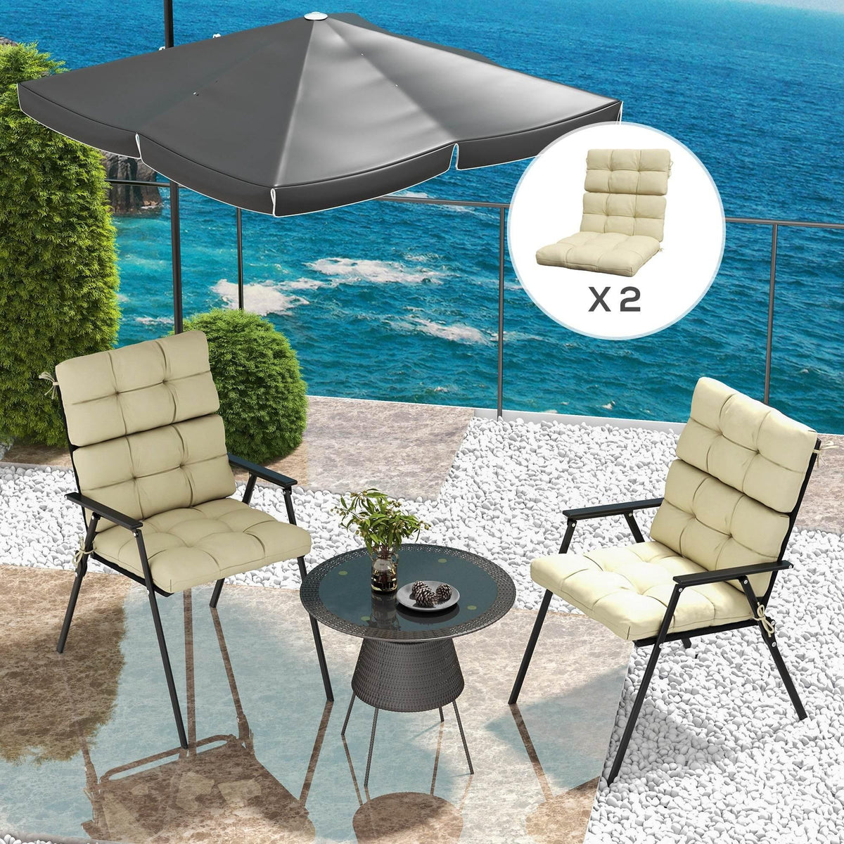 Pair of beige patio chair cushions with tufted back and seat, secured on frames