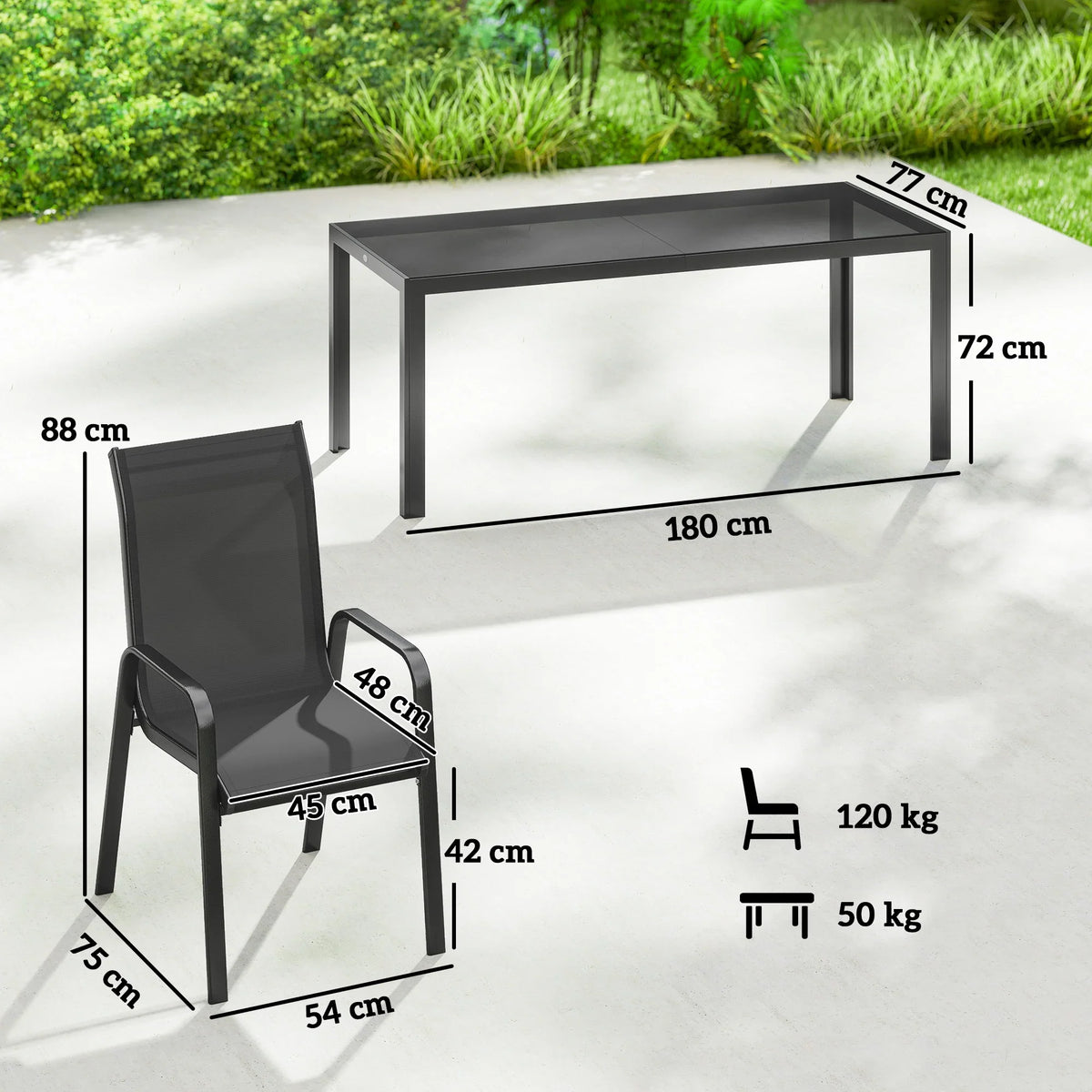 Black outdoor dining table frame and matching chair with armrests