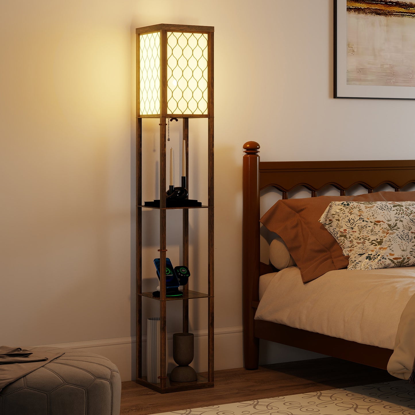 HOMCOM Three Shelf Standing Lamp With Rustic Brown White Finish And Integrated Storage Shelves