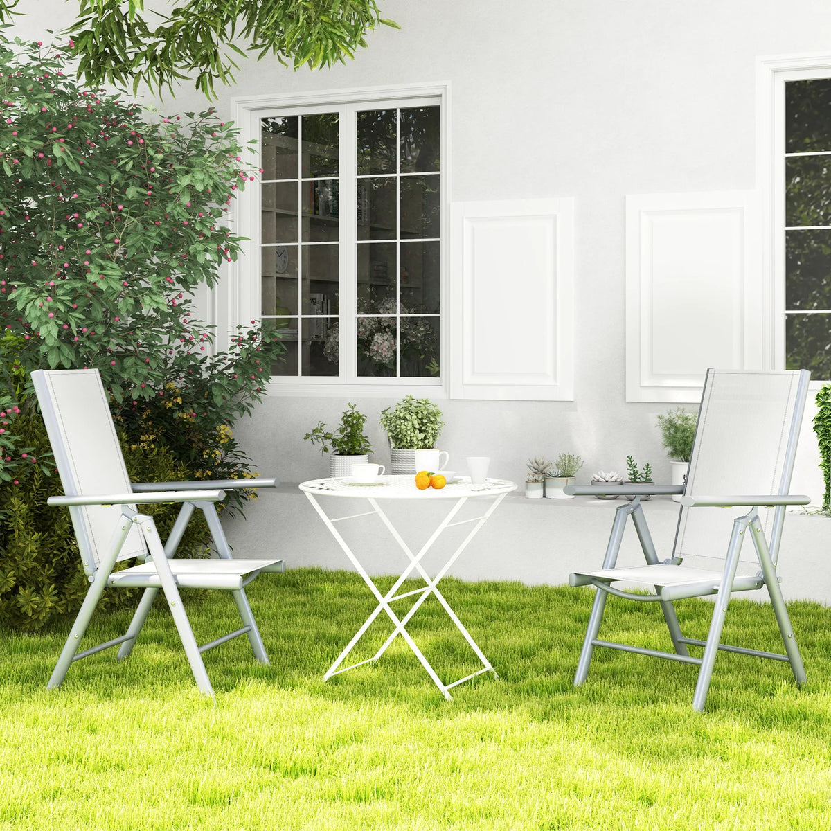 Set of two light grey aluminium folding garden chairs with high backs and mesh seats