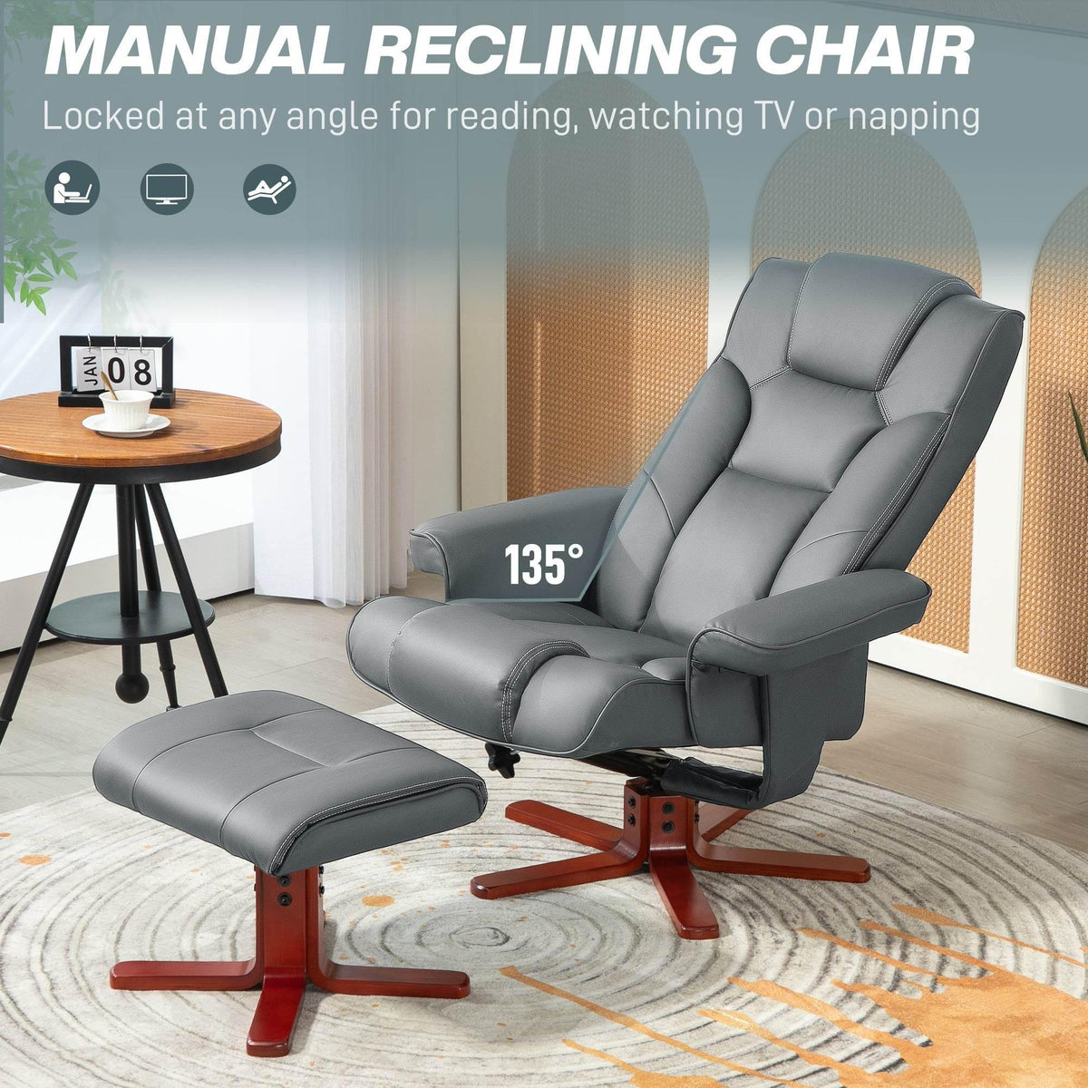 Gray manual reclining chair with ottoman extended and red-brown wooden base