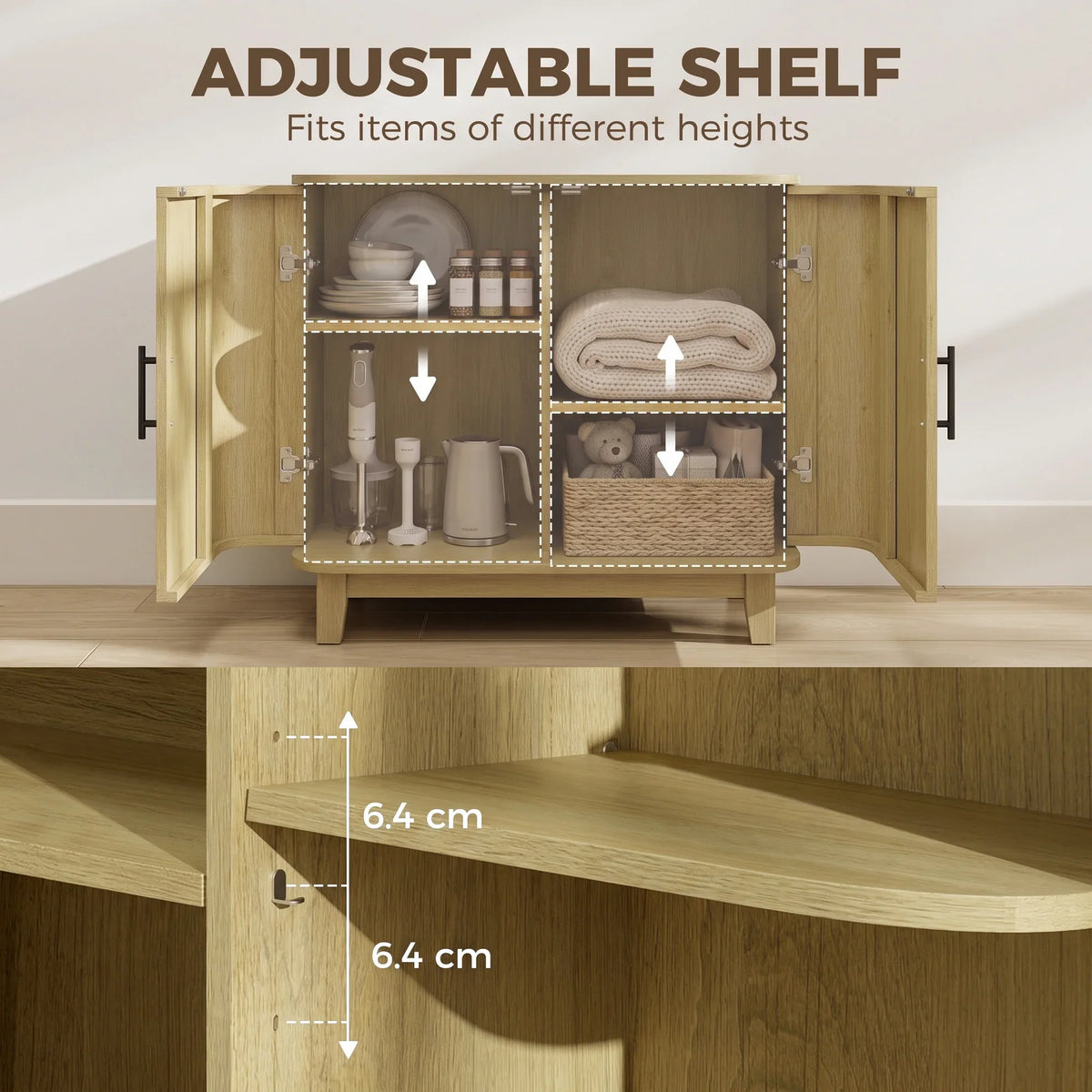 Light wood sideboard cabinet showing adjustable shelf positions inside