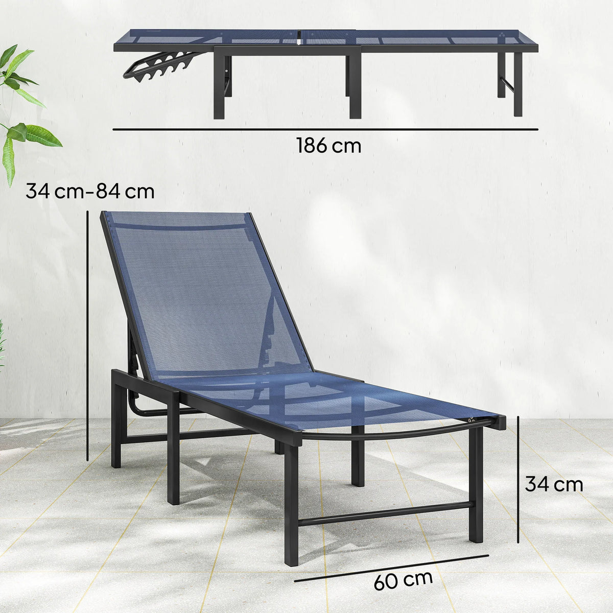 Dark blue reclining sun lounger set with five-level adjustable backrest, size labels