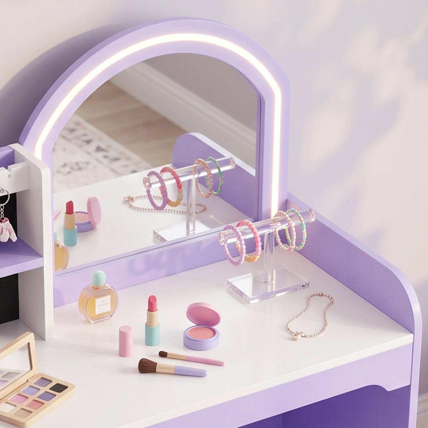 Kids Vanity Set With Light Up Mirror Stool Purple Dressing Table Gift Girls