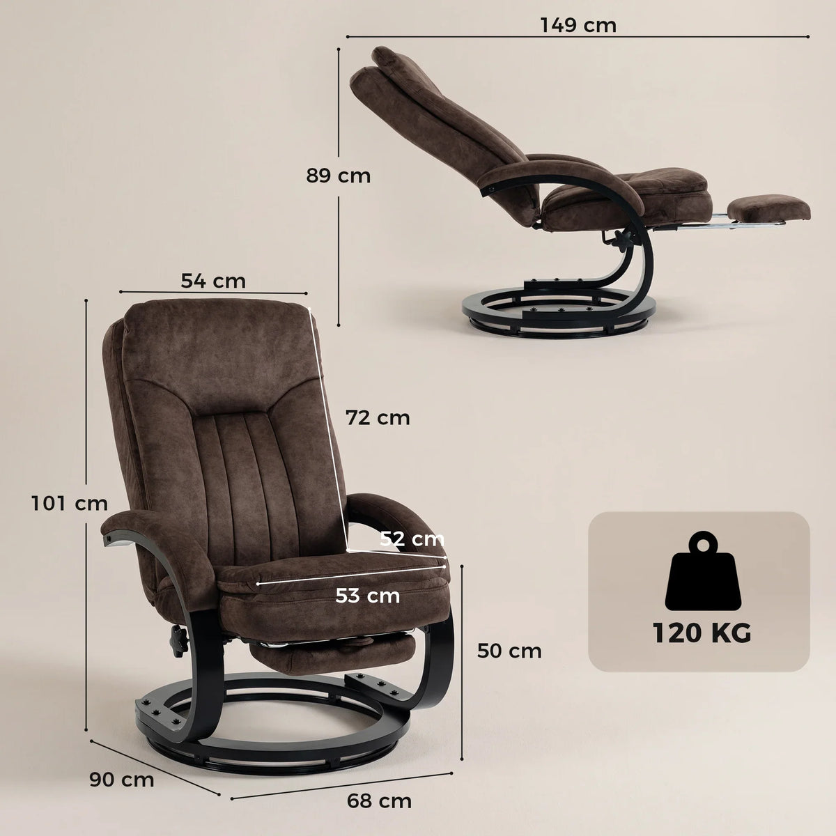 Dark brown velvet swivel recliner chair with retractable footrest, side and front view