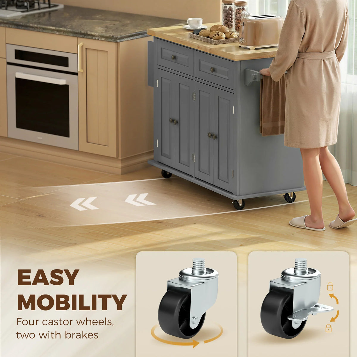 Rolling kitchen island with rubberwood top, gray cabinets, and four caster wheels