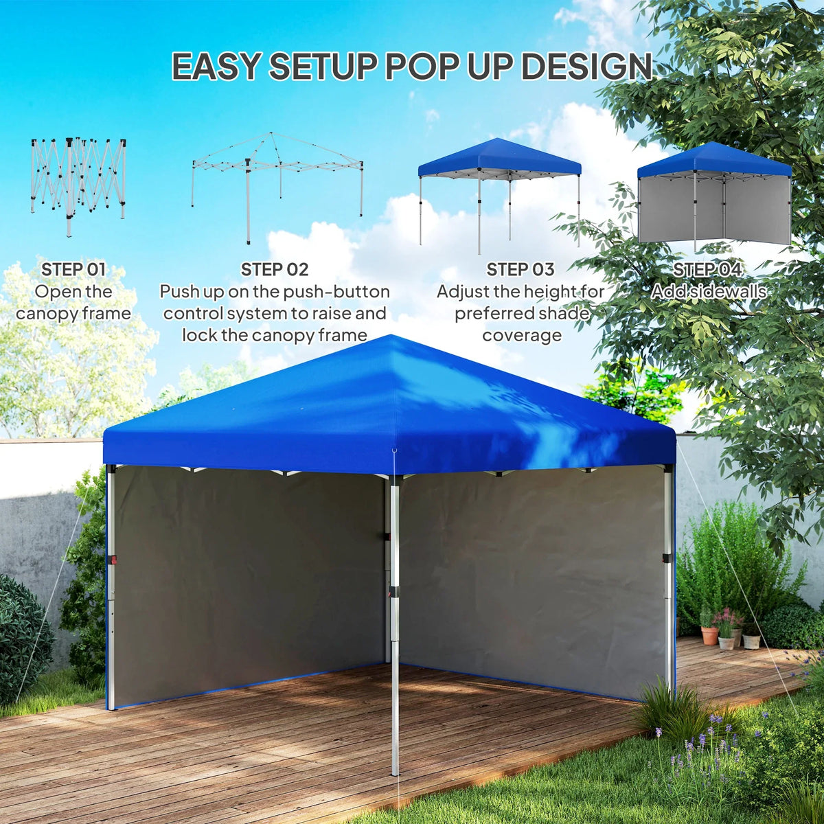 Blue pop-up gazebo with two sidewalls and adjustable roof frame on a deck