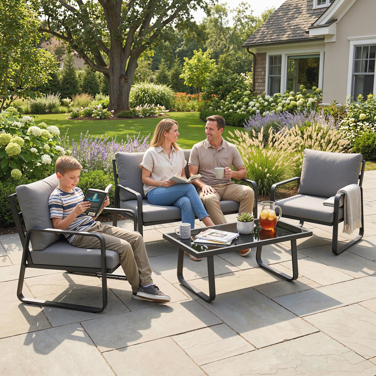 Outsunny 4 Piece Garden Furniture Set Outdoor Sofa Set Loveseat Armchairs Coffee Table Cushions All Weather