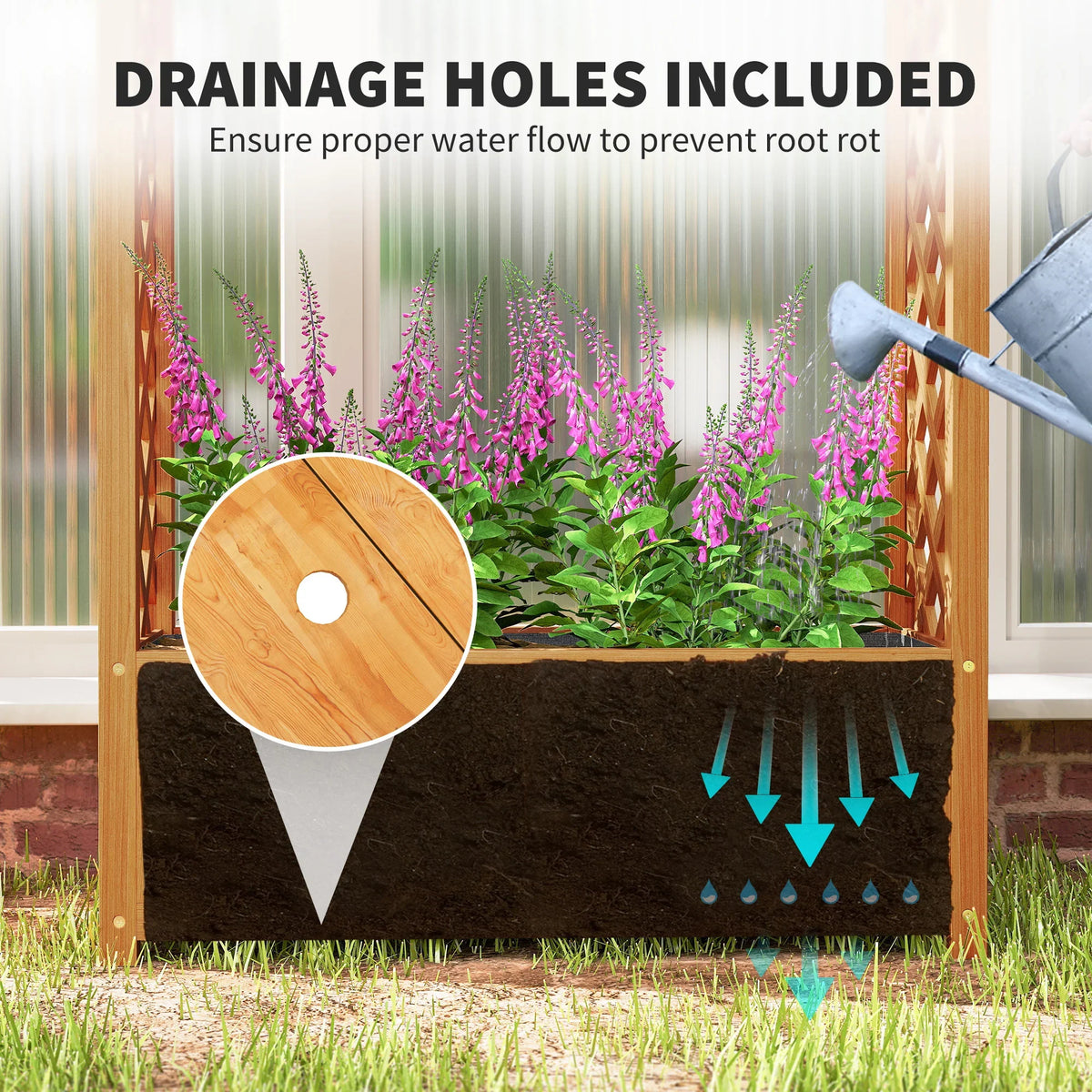 Wooden raised garden bed with drainage holes and a soil planting box for flowers.