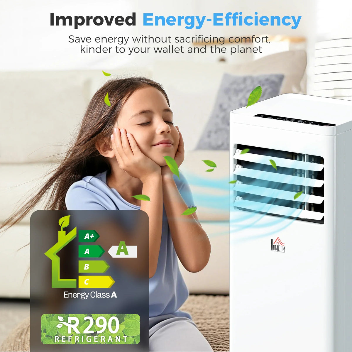 White portable air conditioner beside woman with closed eyes, energy efficiency theme