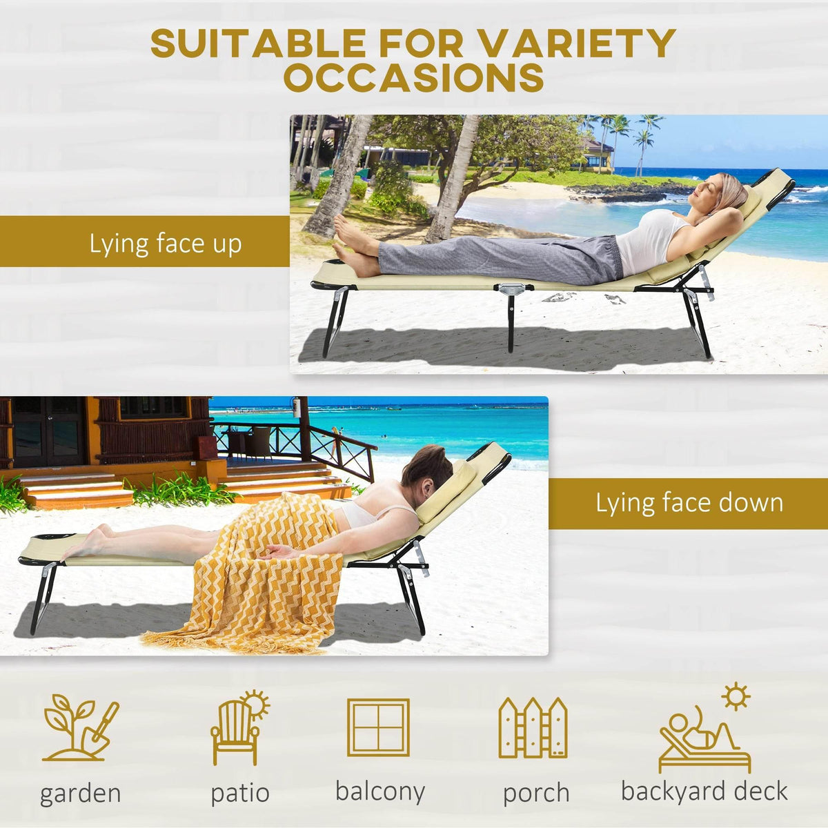 Beige adjustable sun lounger with face-hole pillow and black frame in reclined use