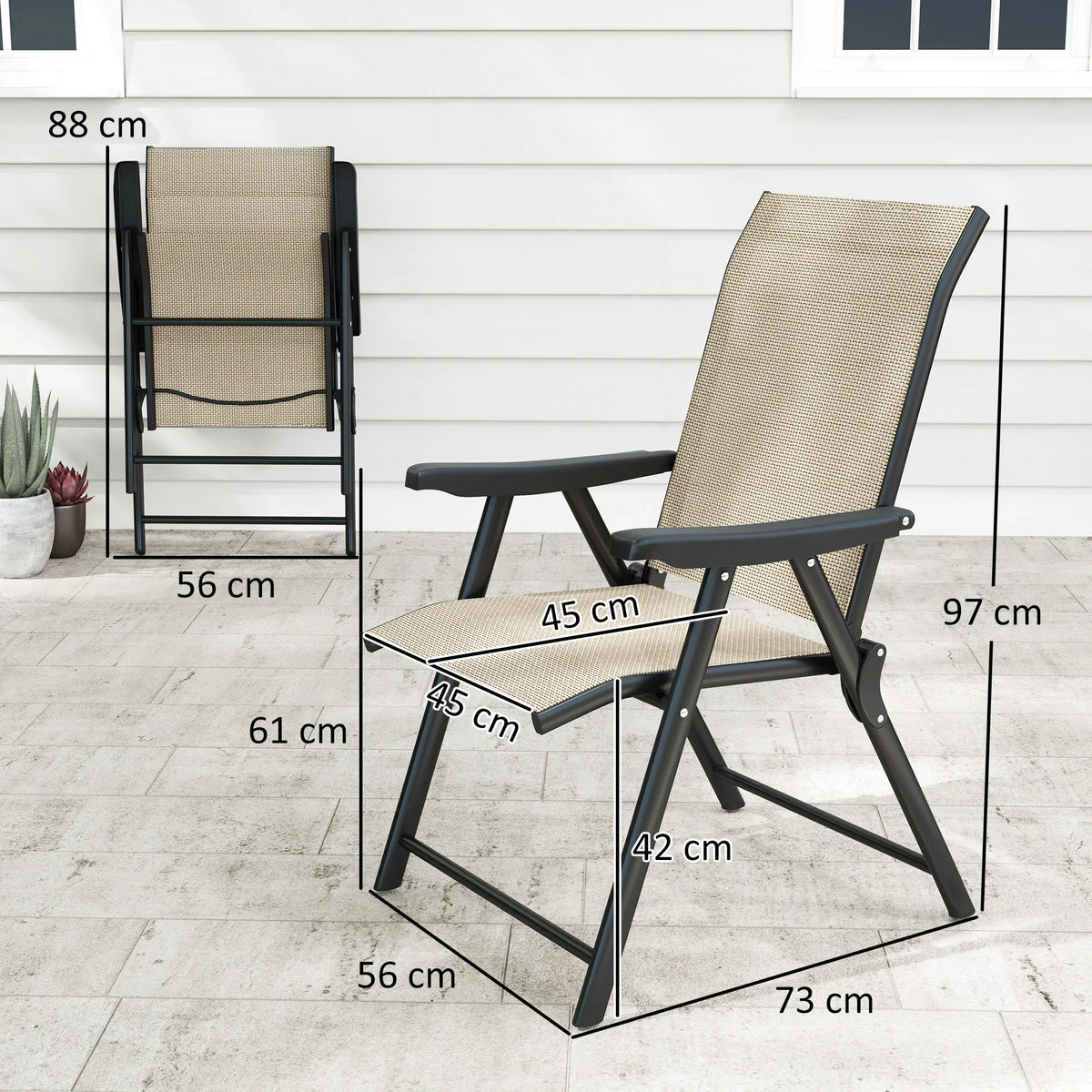 Folding outdoor chair with tan breathable mesh seat and black steel frame, angled view