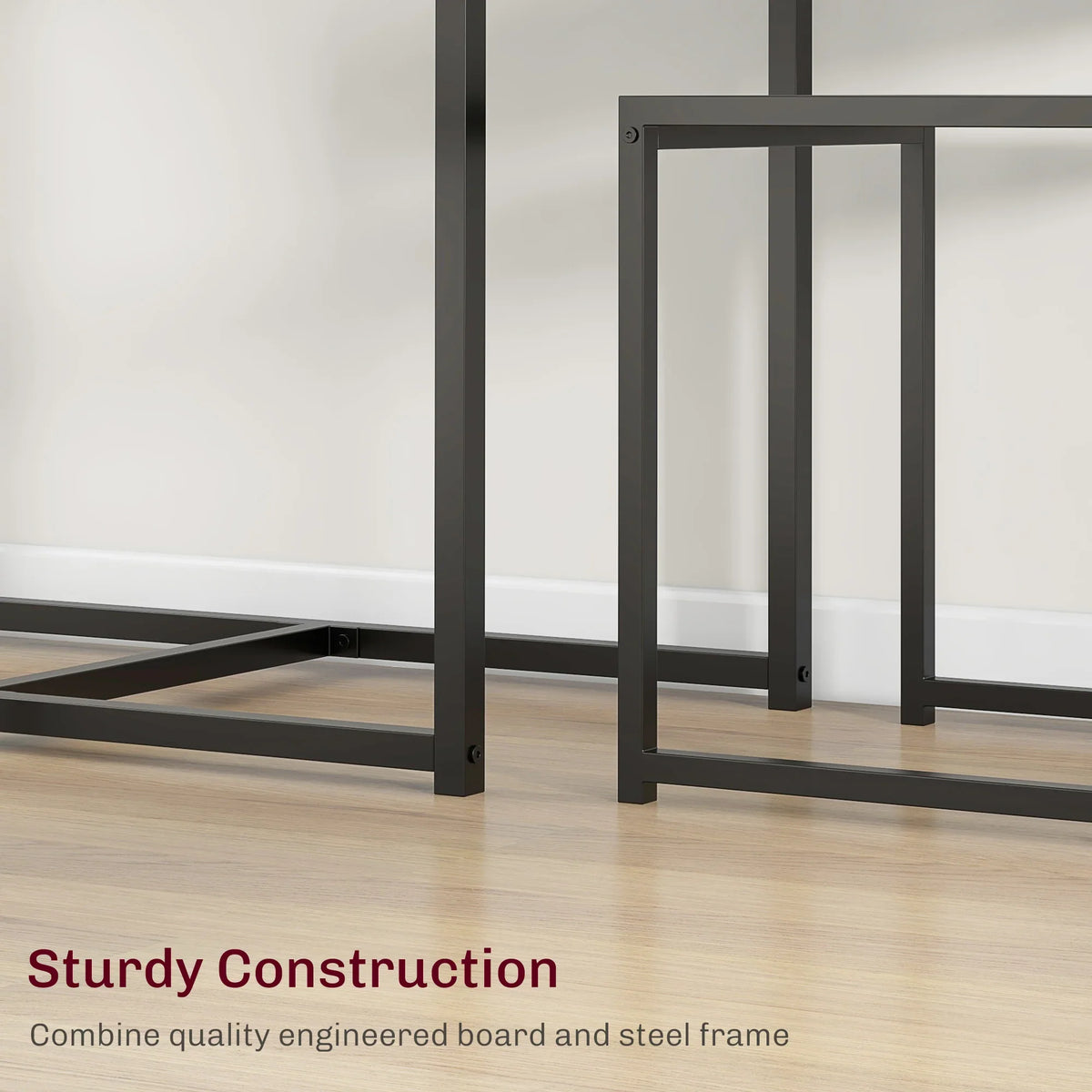 Steel-framed dining table leg and chair side panel in grey wood-effect