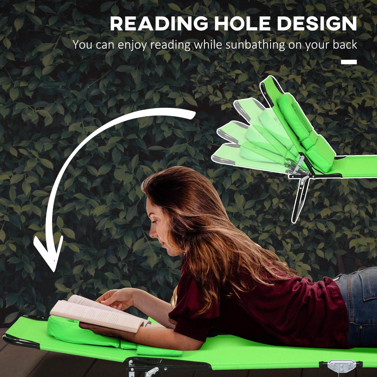 Green adjustable sun lounger with reading-hole pillow for reclining outdoors