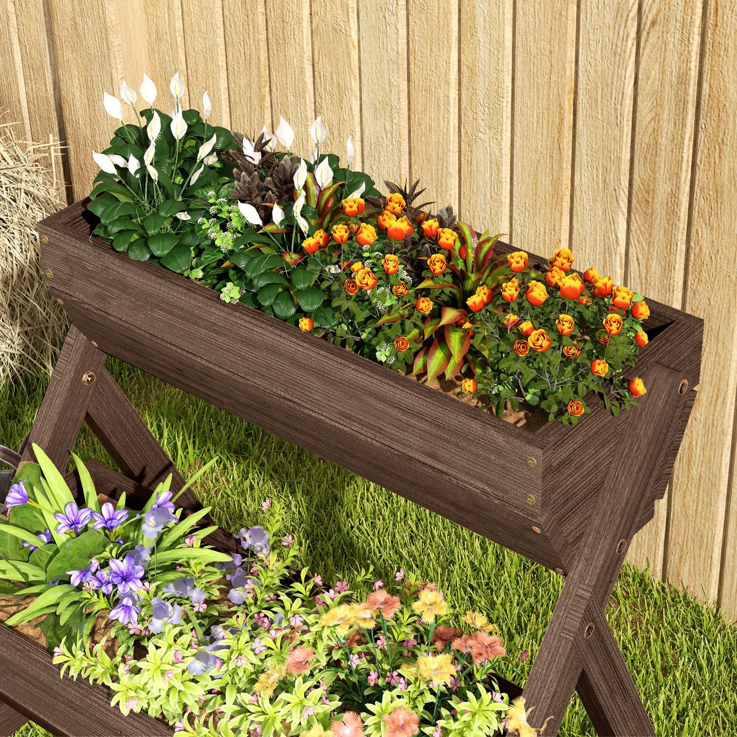 Outsunny 3 Tier Raised Garden Bed Wooden Elevated Planter Box Kit 66L for Flowers Vegetables Herbs Tan 65x75x78cm