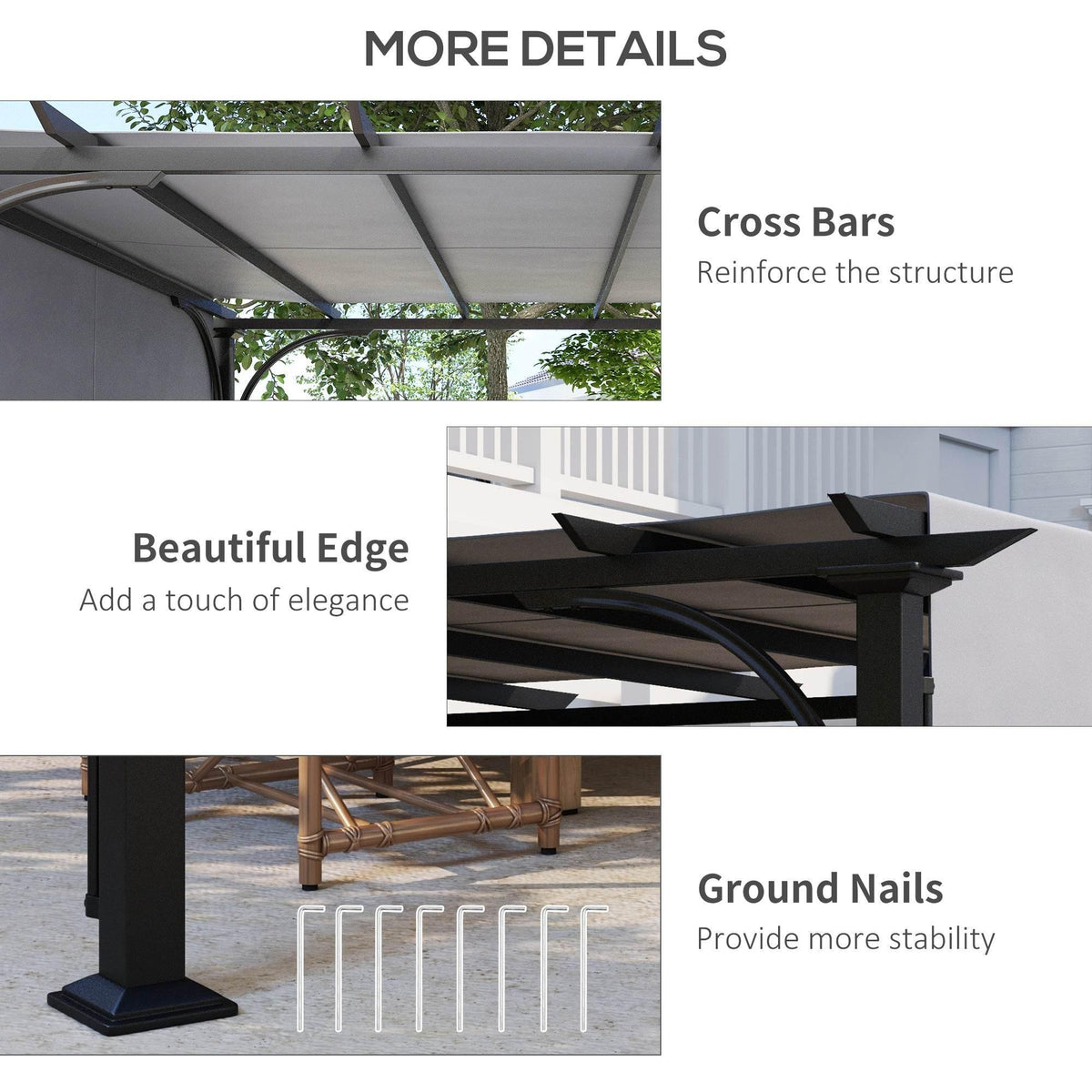 Grey pergola with cross bars, reinforced edges, and ground nail base stability