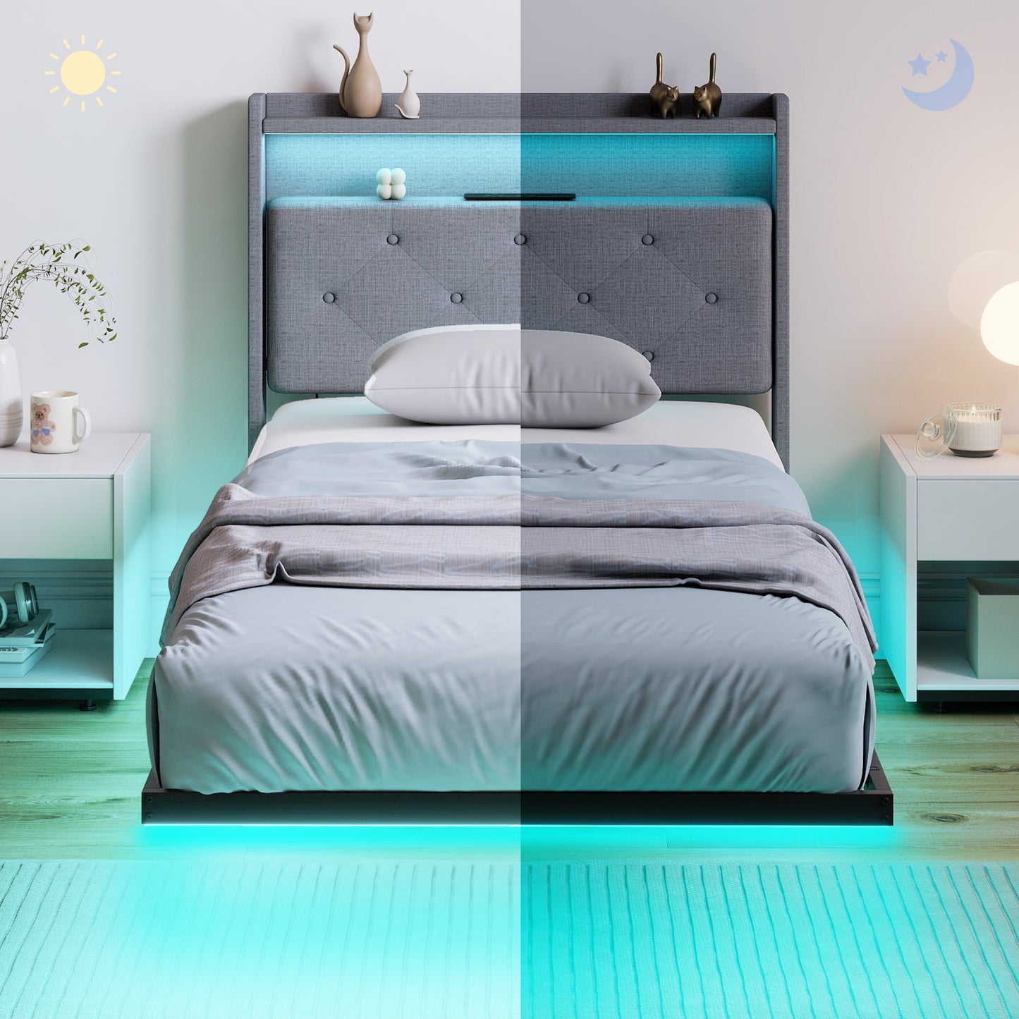 HOMCOM Floating Bed Frame 3ft Single Size Platform Bed With RGB LED Lights And Charging Station Grey