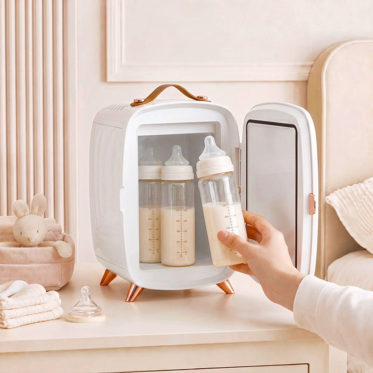 White mini refrigerator with open door holding baby bottles, rose-gold feet and trim