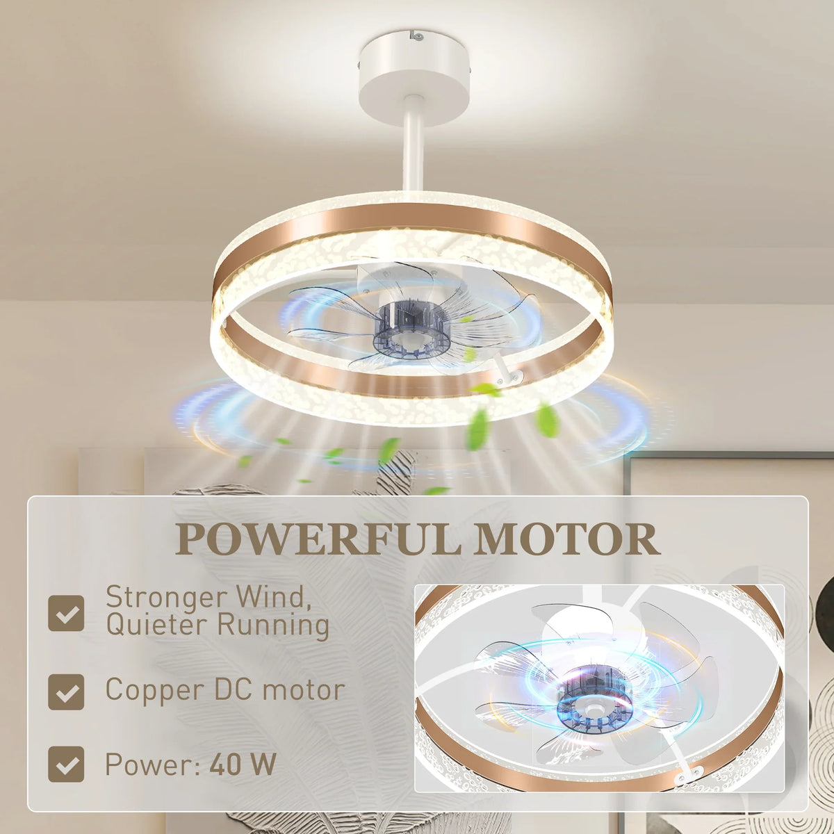 Ceiling fan with copper-toned frame, LED light ring, and central motor
